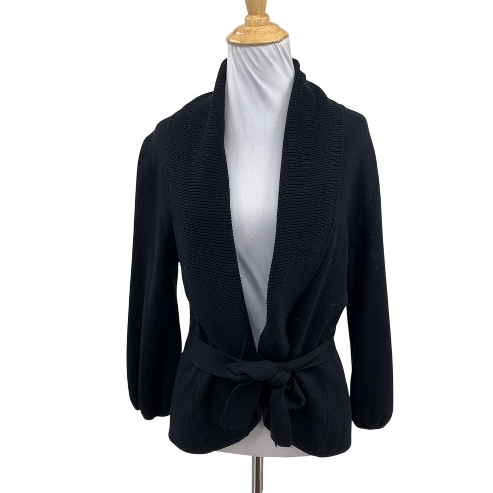 BCBGMaxAzria Cardigan Womens M Medium Black Wool Lantern Sleeve Shawl Tie Belt